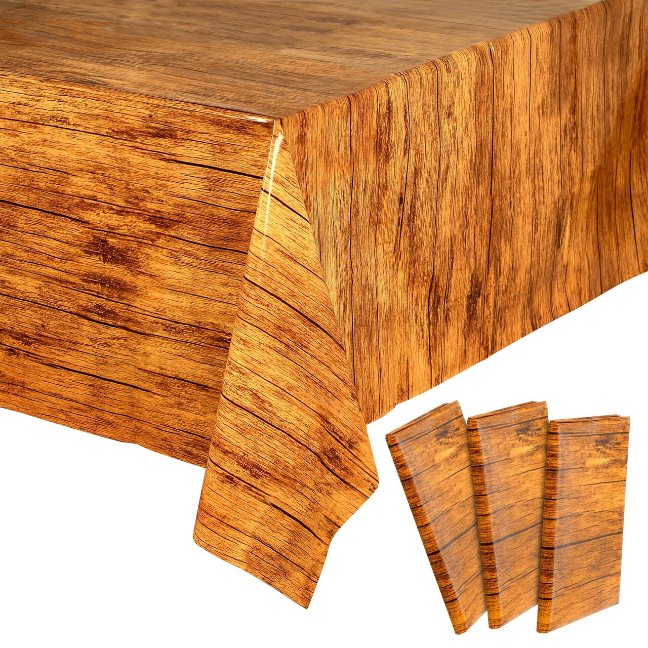 3 Pack Wood Grain Tablecloth for Rectangle Tables, Brown Wooden Plastic Table Cover, 54x108 in